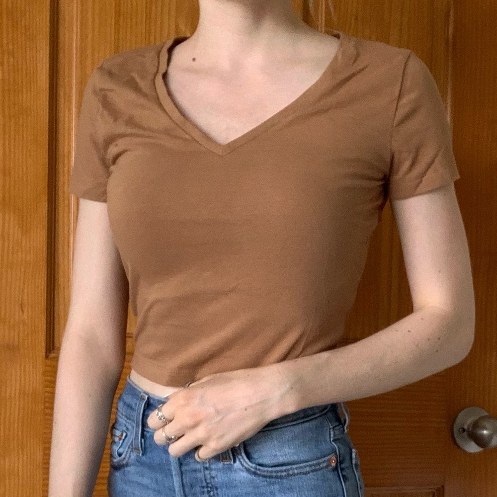 V Neck Brown Fitted Tee Shirt